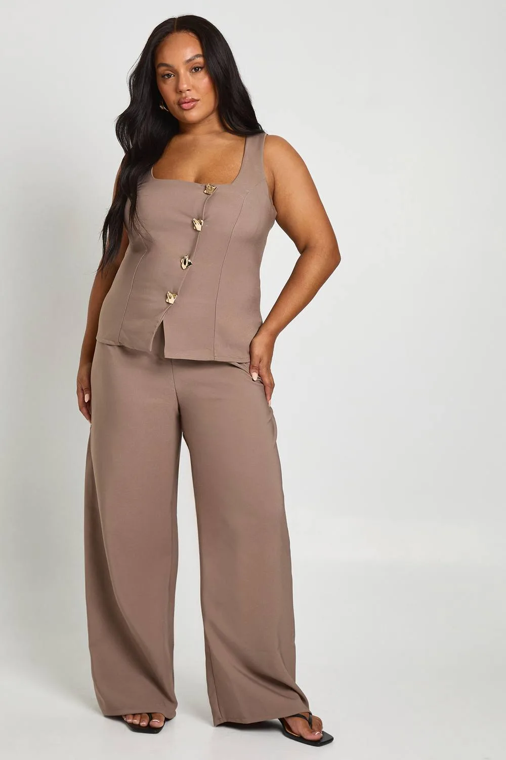 Asymmetric Gold Trim Detail Waistcoat & Wide Leg Tailored Trouser Co Ord by boohoo
