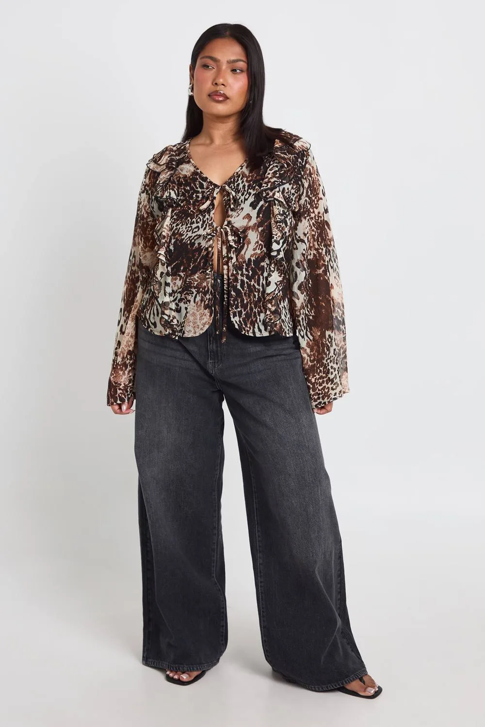 Mixed Animal Chiffon Ruffle Tie Front Blouse by boohoo