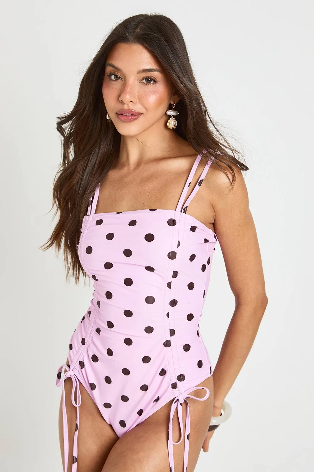 Polka Dot Ruched Swimsuit by boohoo