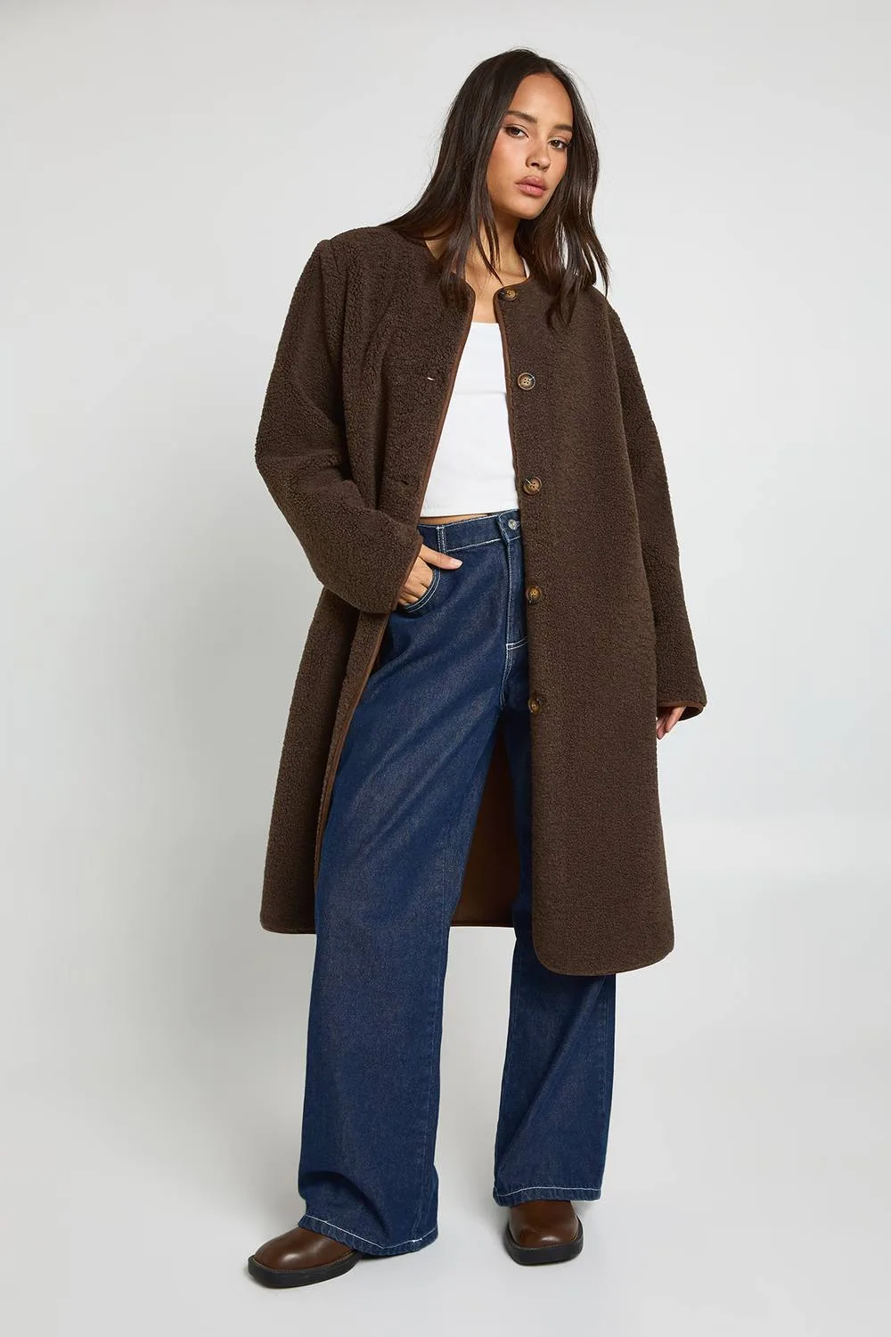 Teddy Collarless Maxi Jacket by boohoo