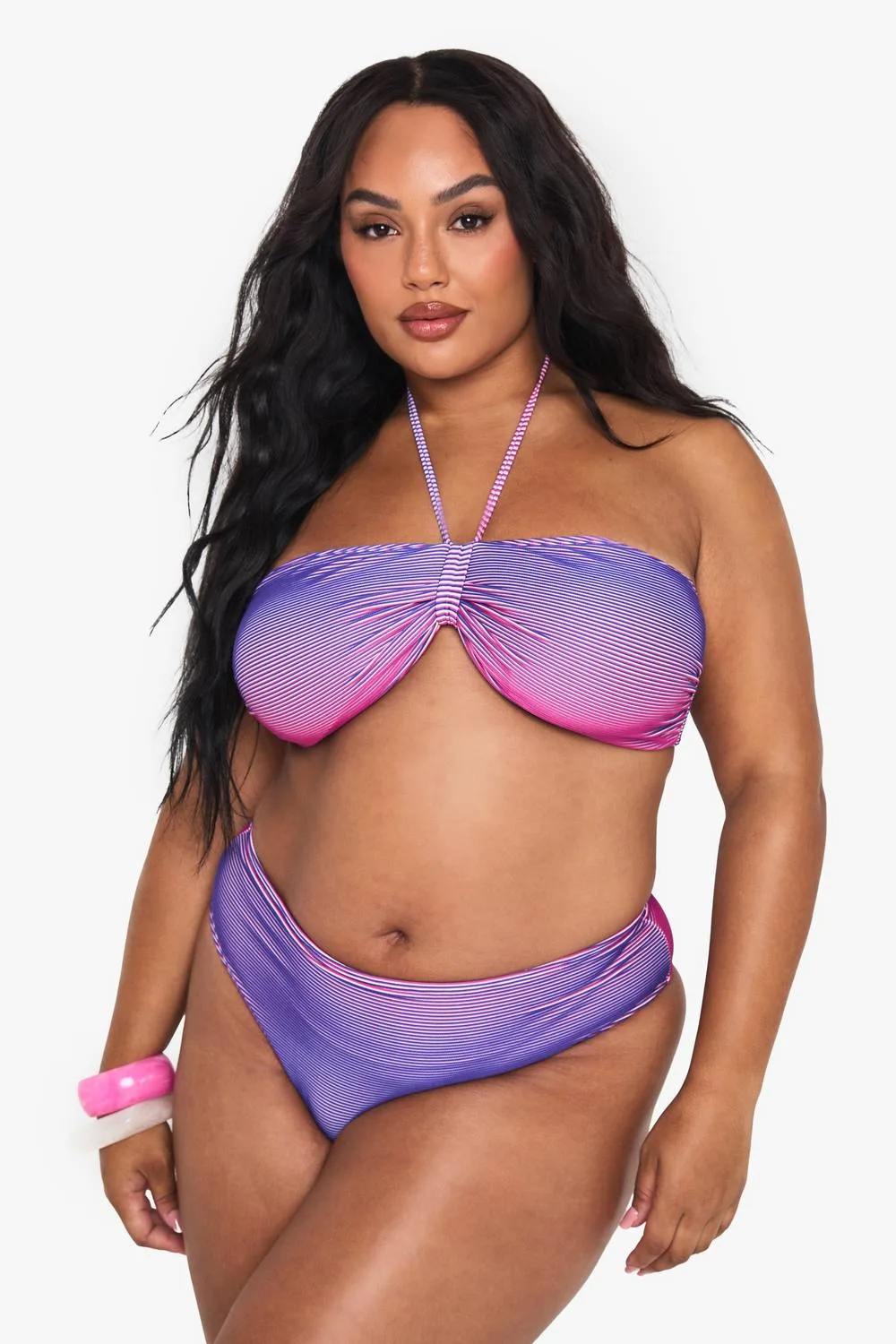 Textured Stripe Bandeau Bikini by boohoo
