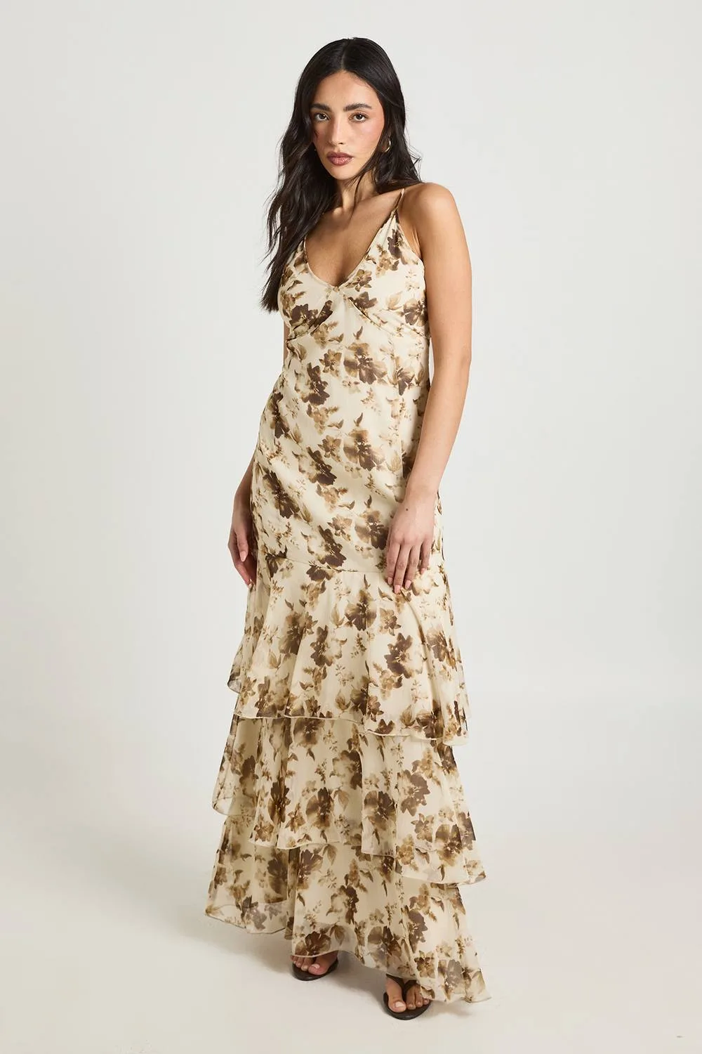 Tonal Floral Chiffon Tiered Maxi Cami Dress by boohoo