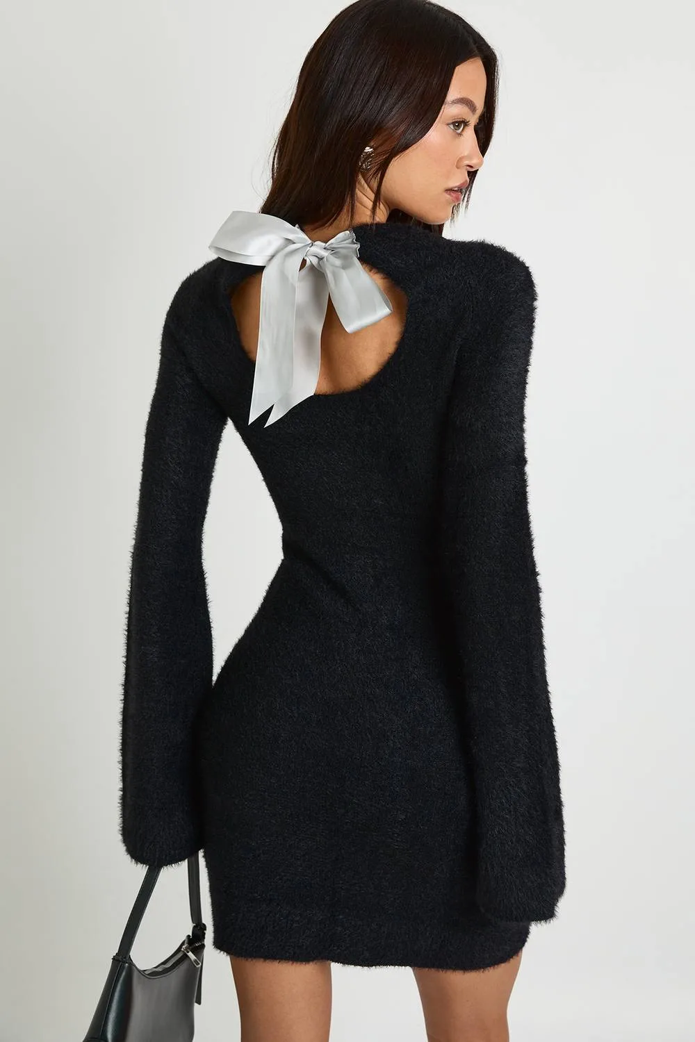 Bow Back Detail Super Soft Knitted Mini Dress by boohoo