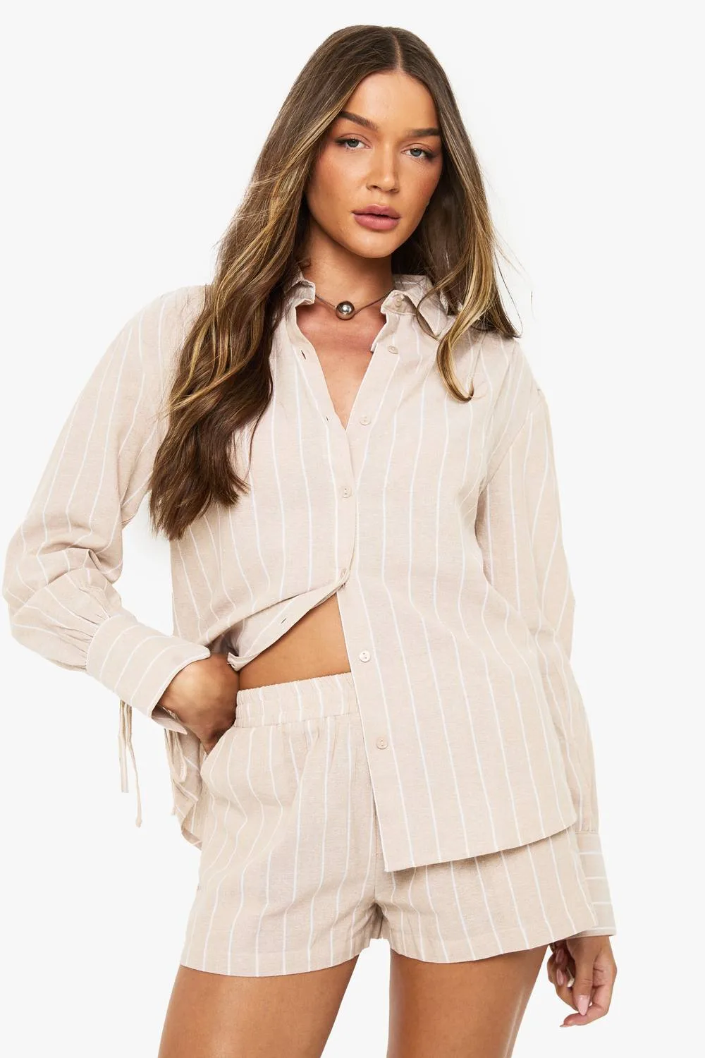 Stripe Tie Cuff Shirt & Short Co-Ord - Stone by boohoo