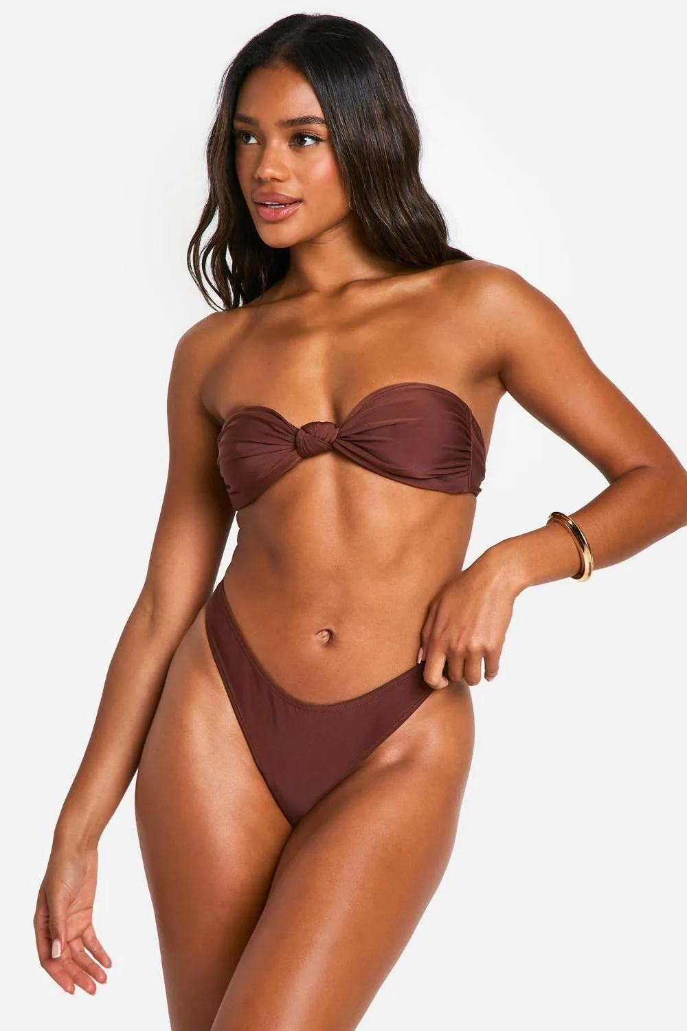 Knotted Bandeau Bikini Top & High Leg Bikini Bottoms Set by boohoo