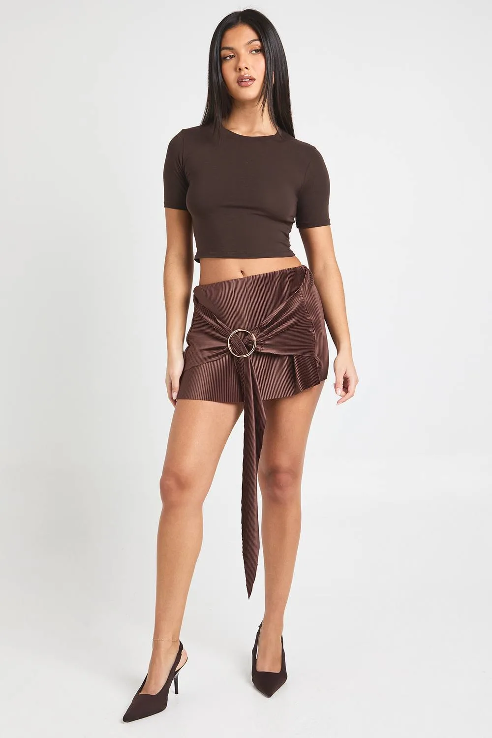Plisse Mid Rise Draped Mini Skirt with Ring Trim by boohoo