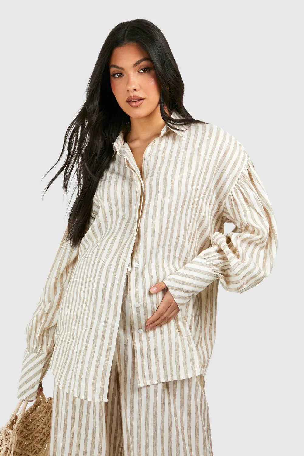 Maternity Stripe Linen Look Oversized Shirt - Stone by boohoo