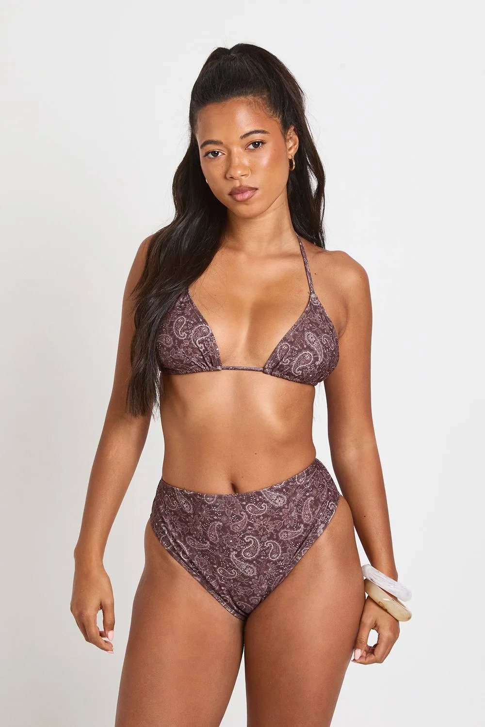 Paisley Print Triangle Bikini Top & High Waist Bikini Bottom Set by boohoo