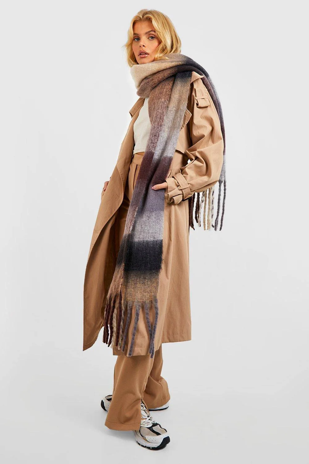 Chunky Black Check Tassel Scarf by boohoo