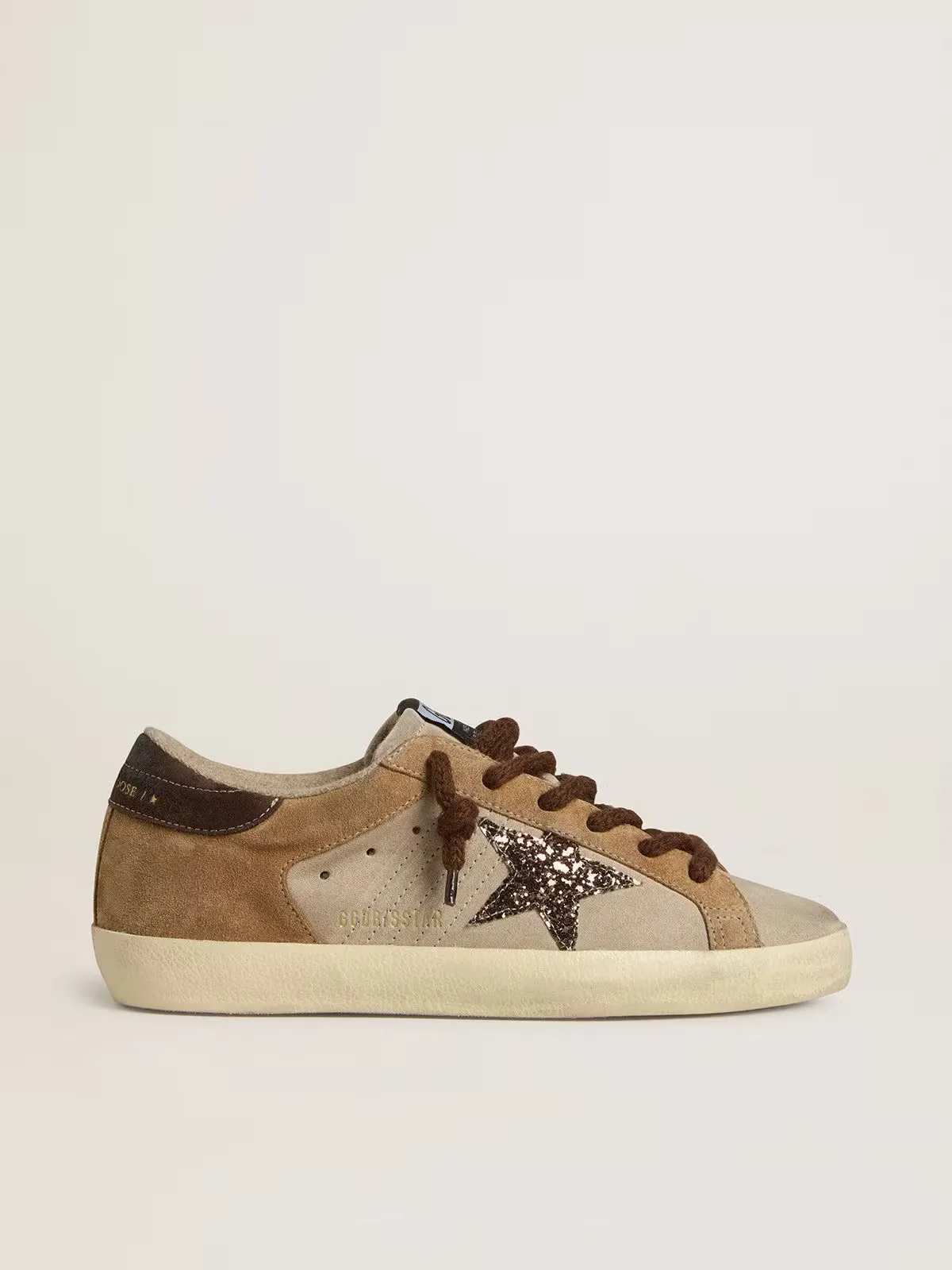 Super-Star in Beige and Brown Suede with Brown Glitter Star by Golden Goose