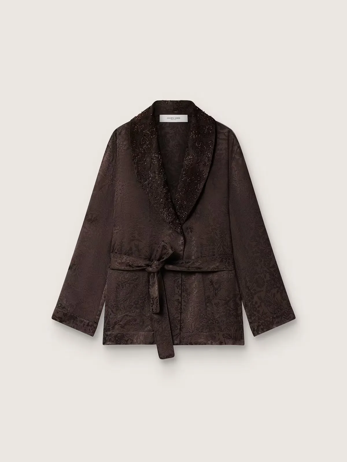 Dark Brown Kimono with Jacquard Motif and Tone-On-Tone Sequin Embroidery by Golden Goose
