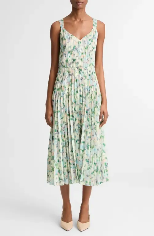 Painted Garden V-Neck Pleated Dress by Vince