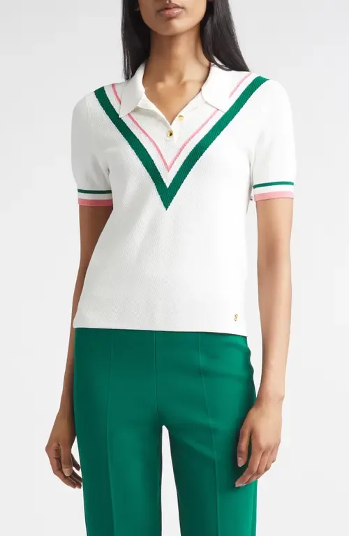 Diagonal Texture V-Stripe Polo Sweater by ST. JOHN