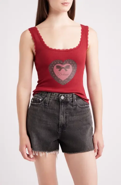Delicate Heart Lace Trim Graphic Tank Top by GOLDEN HOUR
