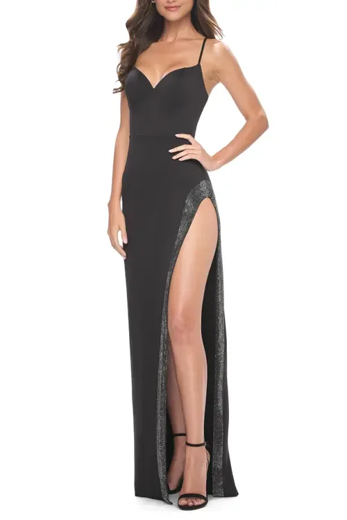 Prom Dress with High Slit Embellished with Rhinestones by La Femme