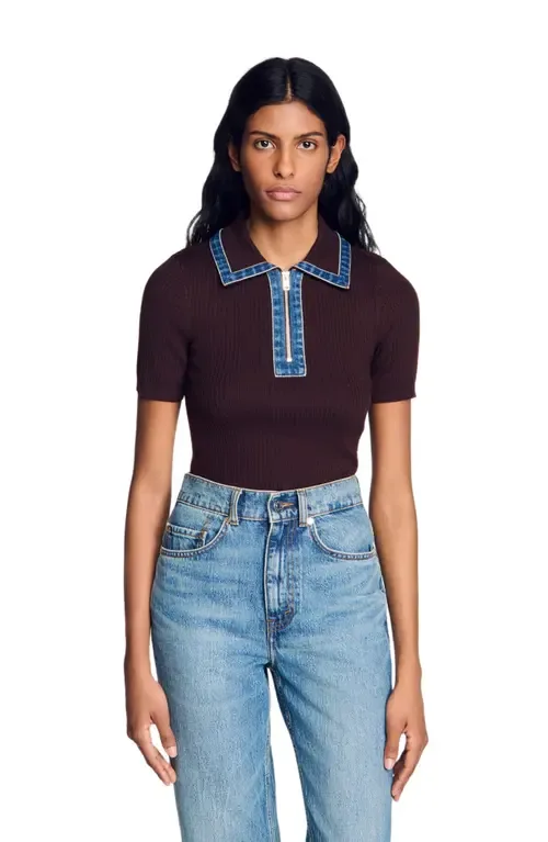 Knit Polo Sweater with Denim Collar by SANDRO