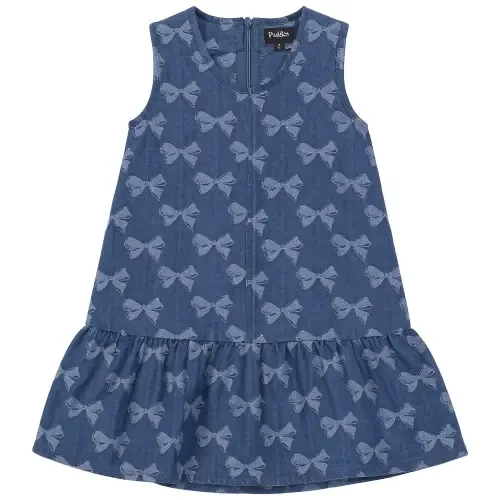 Bow Denim Ruffle Hem Invisible Zipper Jumper by Puddles