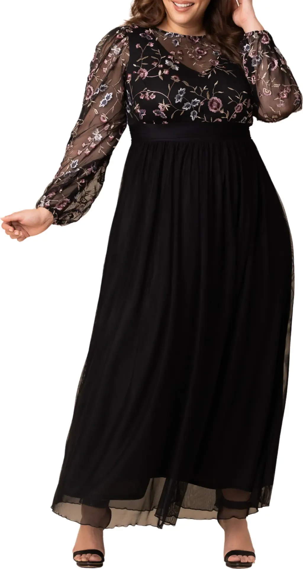 Floral Embroidered Long Sleeve Empire Waist Mesh Gown by Kiyonna