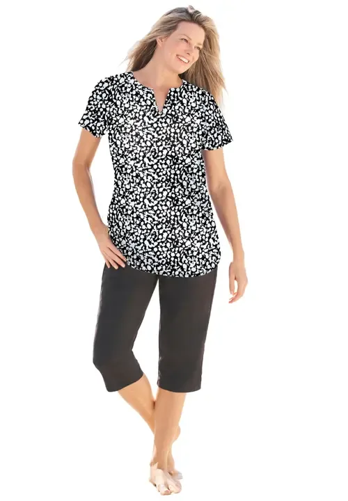 Split Neck Short Sleeve Swim Tee with Built in Bra by Swim 365