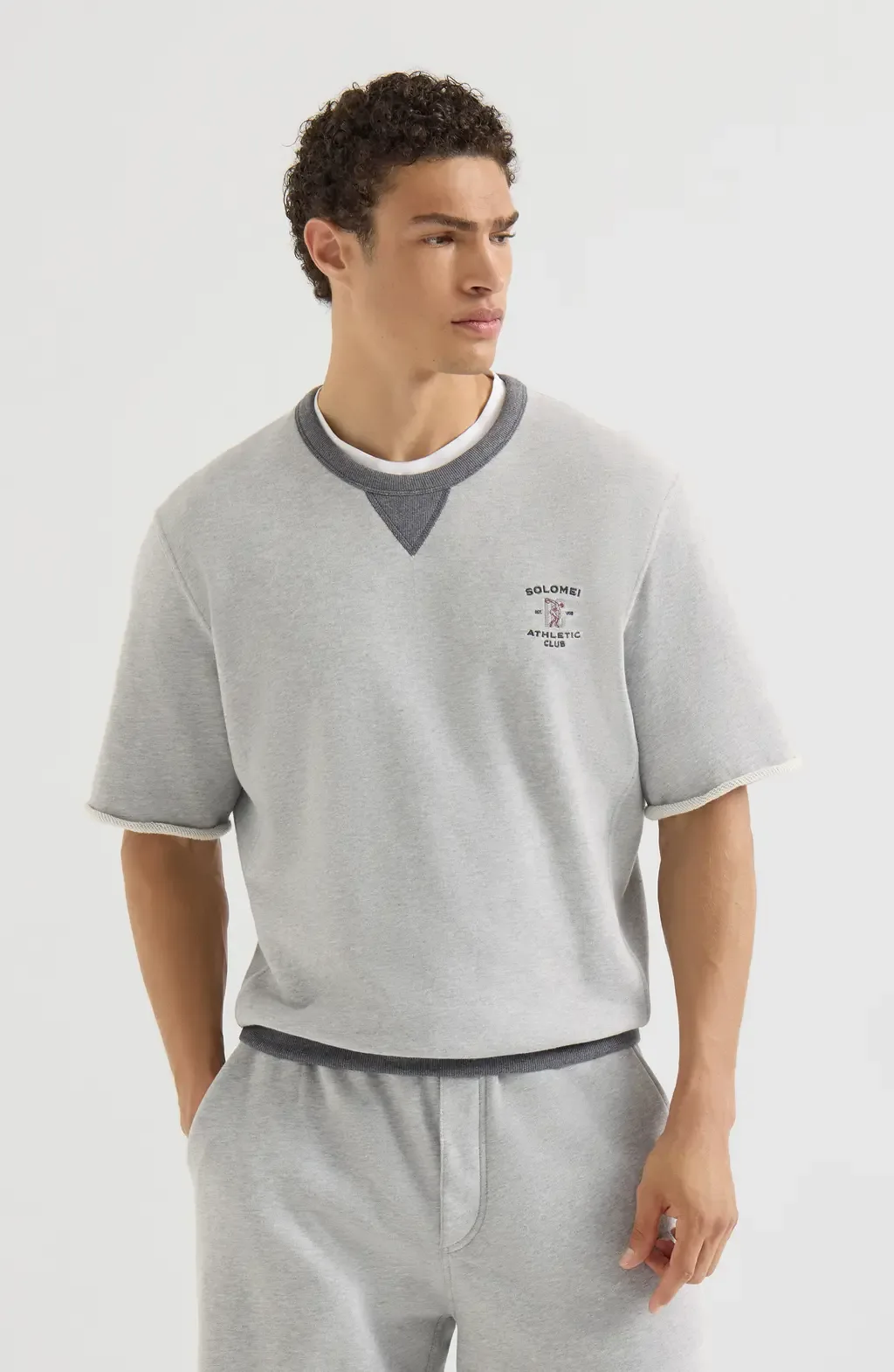Cotton French Terry Short Sleeve Sweatshirt with Embroidery by Brunello Cucinelli