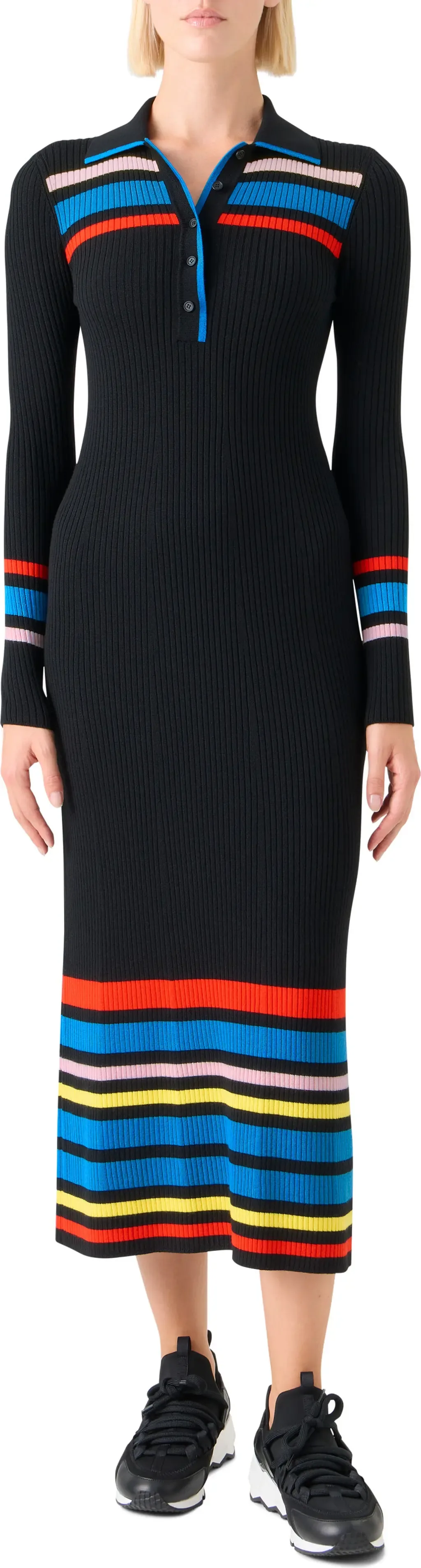 Stripe Rib Long Sleeve Virgin Wool Polo Sweater Dress by Akris punto