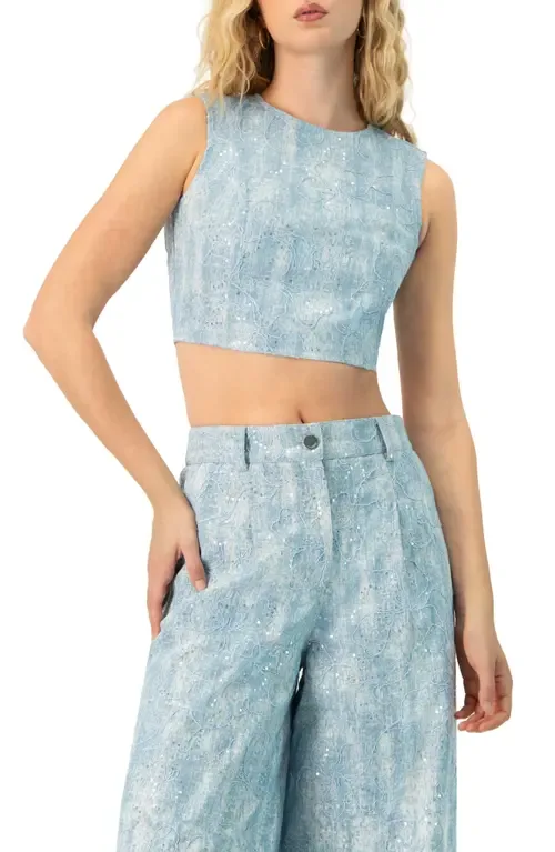 Sleeveless Embroidered Denim Crop Top by IVONNE