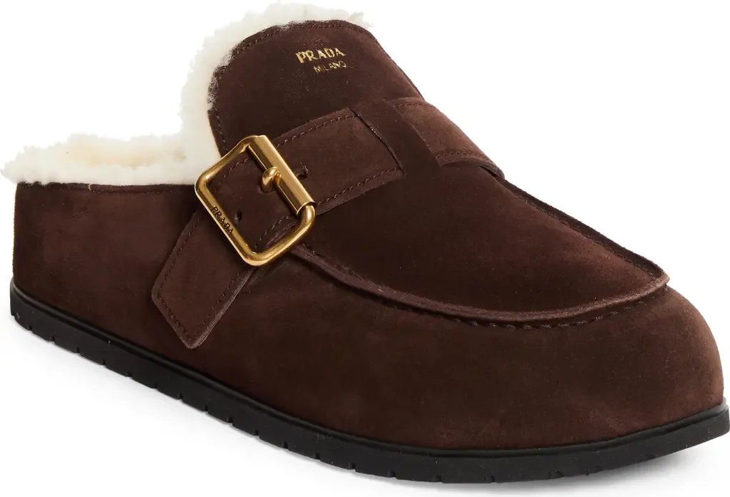 Genuine Shearling Buckle Mule by Prada