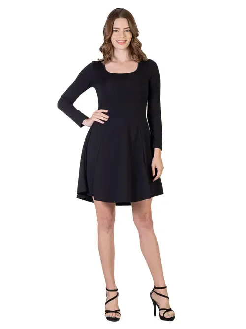 Long Sleeve Knee Length Skater Dress by 24seven Comfort Apparel