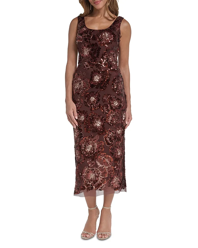 Floral Sequin Sleeveless Midi Sheath Dress by Eliza J
