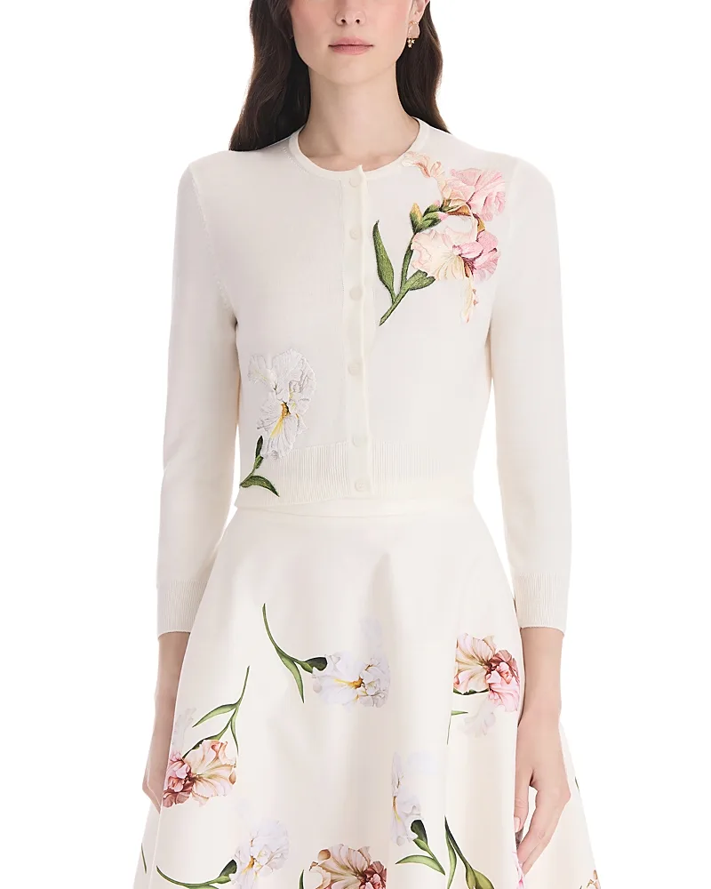 Embroidered Wool Crewneck Cardigan by Oscar de la Renta