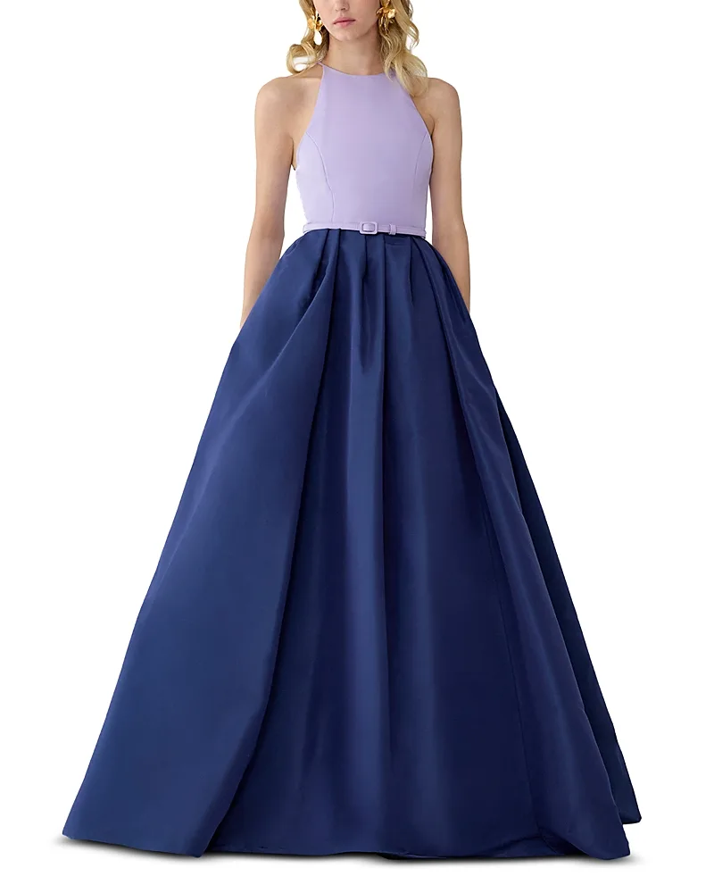 Silk Belted Halter Neck Gown by Carolina Herrera