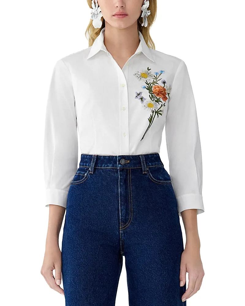 Icon Floral Embroidered Button Down Blouse by Carolina Herrera
