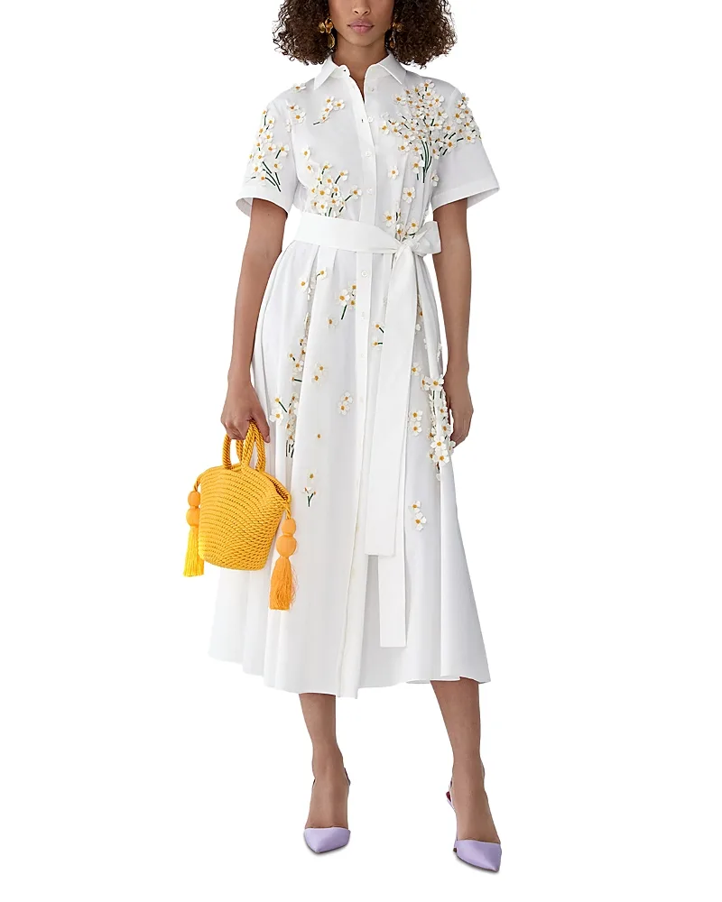 Floral Embroidered Short Sleeve Shirt Dress by Carolina Herrera