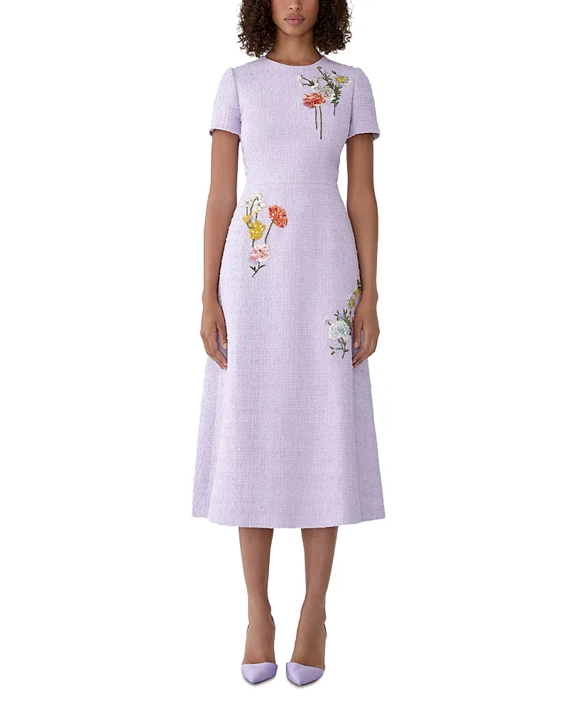A Line Embroidered Floral Midi Dress by Carolina Herrera