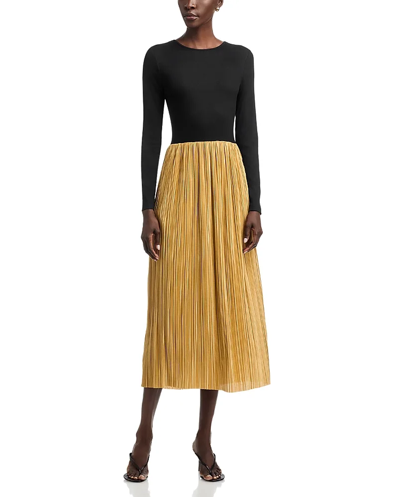 Mixed Media Metallic Pleated Maxi Dress by Single Thread