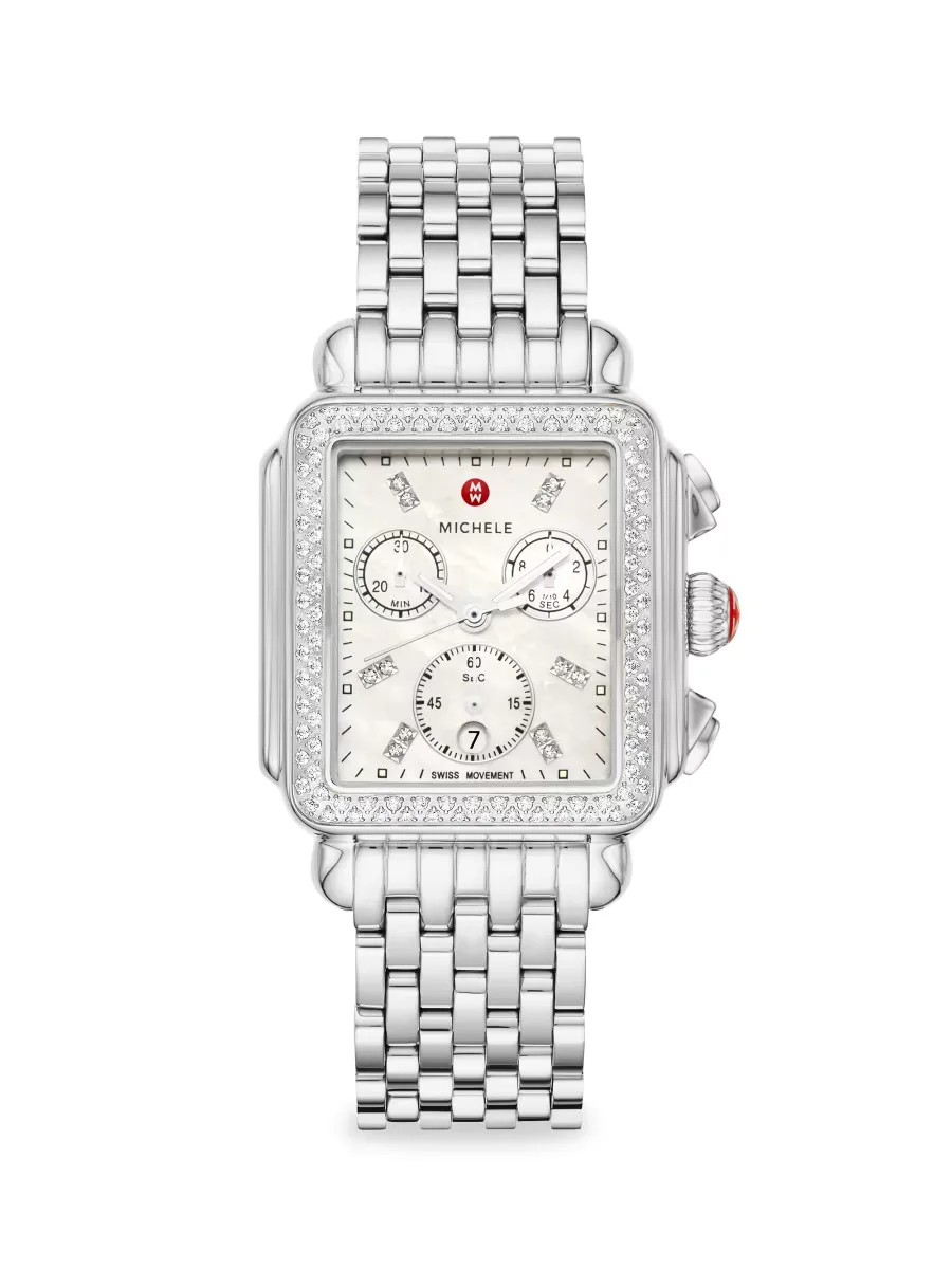 Deco Stainless Steel, Mother-Of-Pearl & 0.60 TCW Diamond Chronograph Watch/33MM x 35MM by Michele