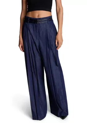 High Rise Pleated Wide Leg Denim Pants by Kenneth Cole