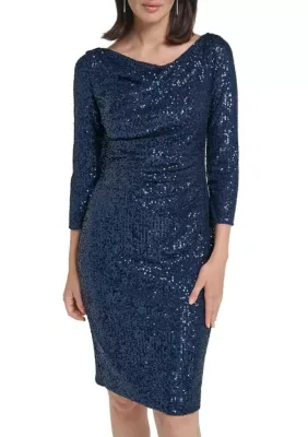 Drape Neck Sequin Sheath Dress by Jessica Howard