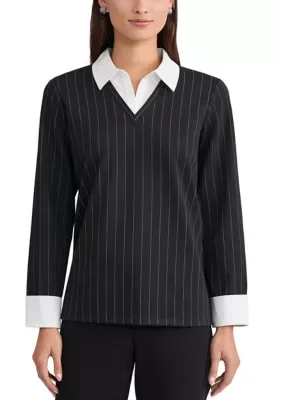 Long Sleeve Pinstripe Twofer Knit Top with Poplin Collar and Sleeve Detail by Jones New York