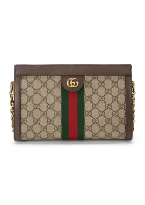 Gucci GG Supreme Monogram Textured Dollar Calfskin Web Mini Ophidia Chain Shoulder Bag Beige Ebony New Acero by What Goes Around Comes Around