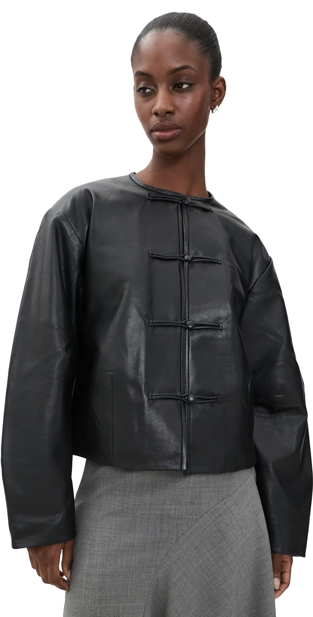 Button Detail Cocoon Leather Jacket by St. Agni
