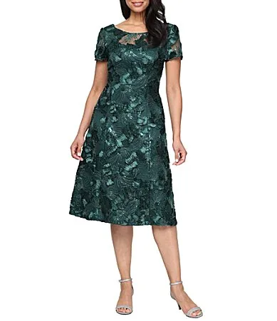 Soutache Lace Sequin Round Neck Cap Sleeve Tea Dress by Alex Evenings