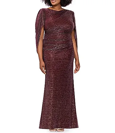 Draped Back 3/4 Cape Sleeve Round Neck Metallic Crinkled Ruched Sheath Gown by Betsy & Adam