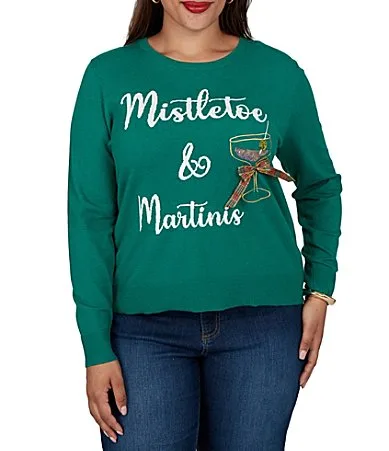 Embroidered Mistletoe & Martinis Crew Neck Long Sleeve Sweater by Ruby Rd