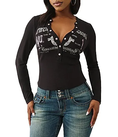 Ribbed Faded Logo Henley Shirt by True Religion
