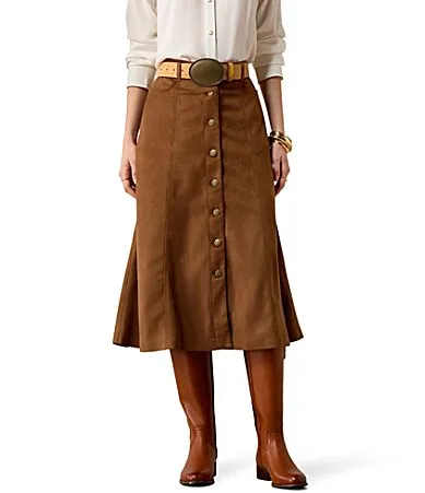 Serena Stretch Faux Suede Mid Length Front Button A-Line Skirt by Ariat