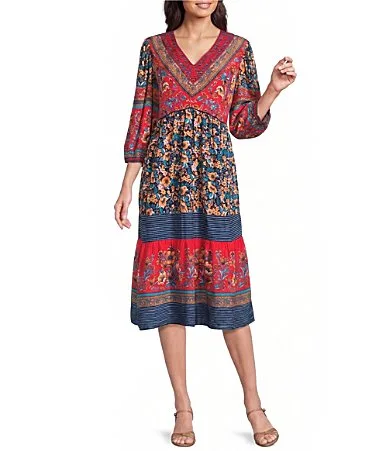 Woven Multi Floral V-Neck 34 Sleeves Embroidered Detail Dress by John Mark