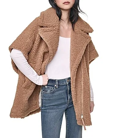 DKNY by Donna Karan Sherpa Asymmetrical Notch Collar Short Sleeve Zip Front Poncho by Donna Karan