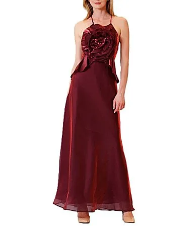 Julia Jordan Glow Organza 3D Rosette High Neck Sleeveless A-Line Gown by Jordan