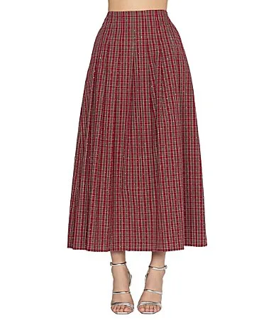 Pheona Embellished Plaid Pleated High-Rise A-Line Coordinating Midi Skirt by Ciebon